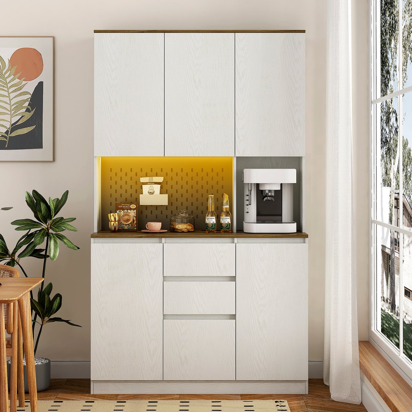 Kitchen Pantry Cabinet With Charging Station,Freestanding Buffet Cupboards Sideboard With Drawer,with LED Lights,Modern Pantry Cabinet With Microwave Stand For Kitchen,Living Room,Dinning Room