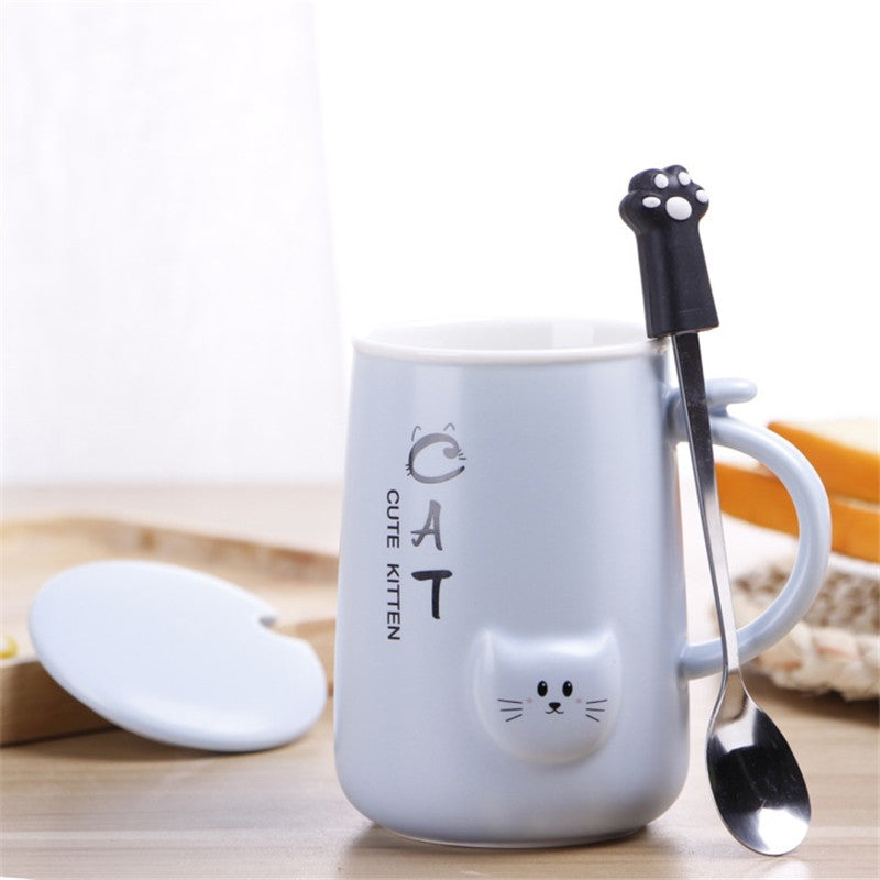Black and white cat ceramic water cup with lid spoon