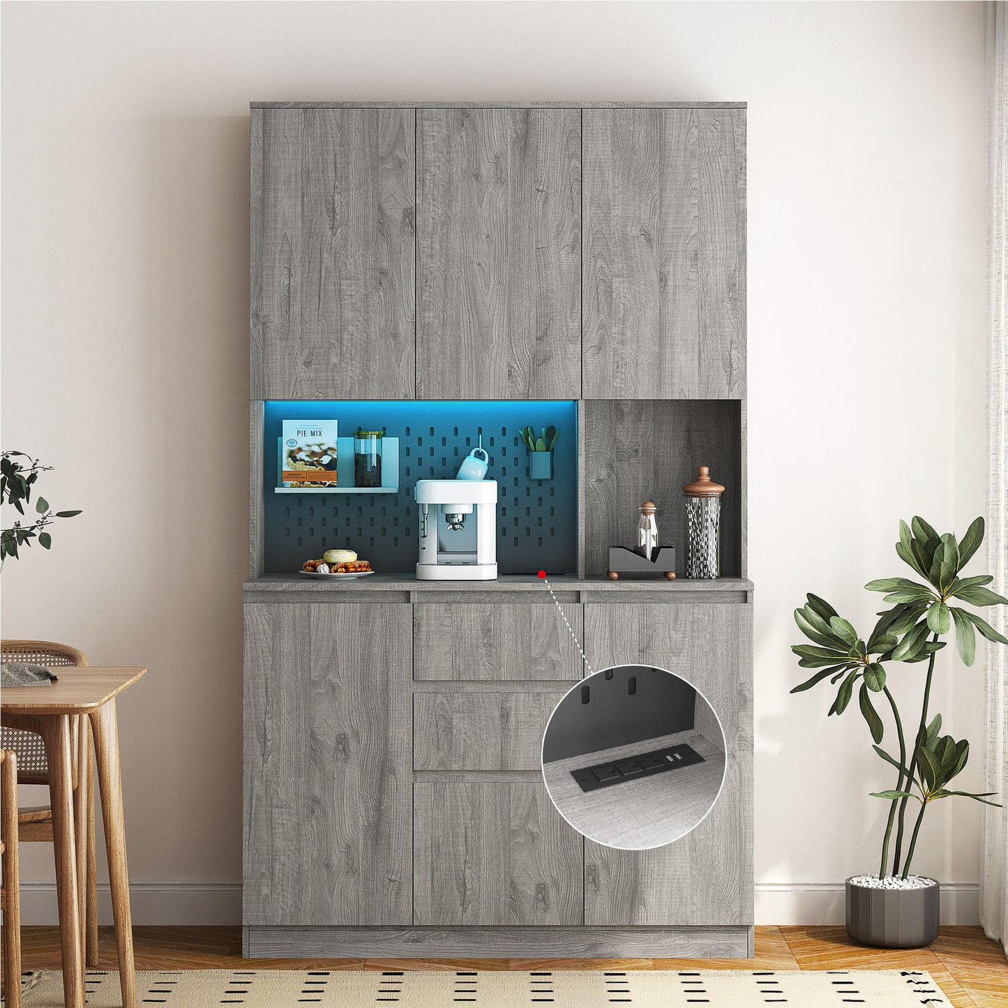 Kitchen Pantry Cabinet With Charging Station,Freestanding Buffet Cupboards Sideboard With Drawer,with LED Lights,Modern Pantry Cabinet With Microwave Stand For Kitchen,Living Room,Dinning Room