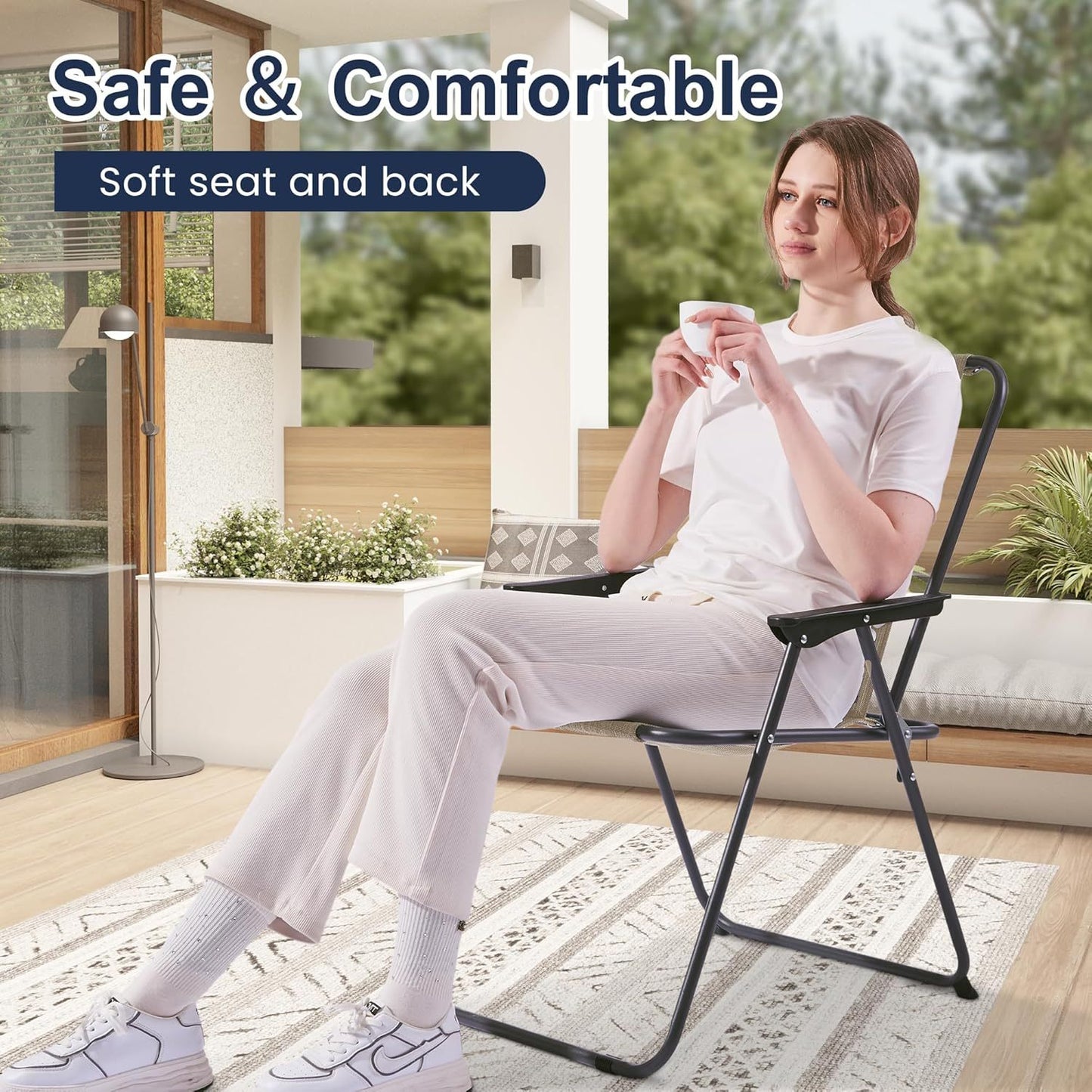 Amopatio Patio Folding Chairs Set Of 4, Outdoor Chair Foldable Dining Chairs With Armrests For Outside Lawn Garden Porch And Pool, Brown