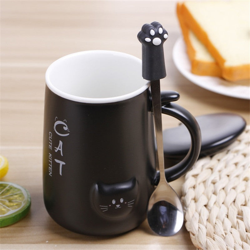 Black and white cat ceramic water cup with lid spoon