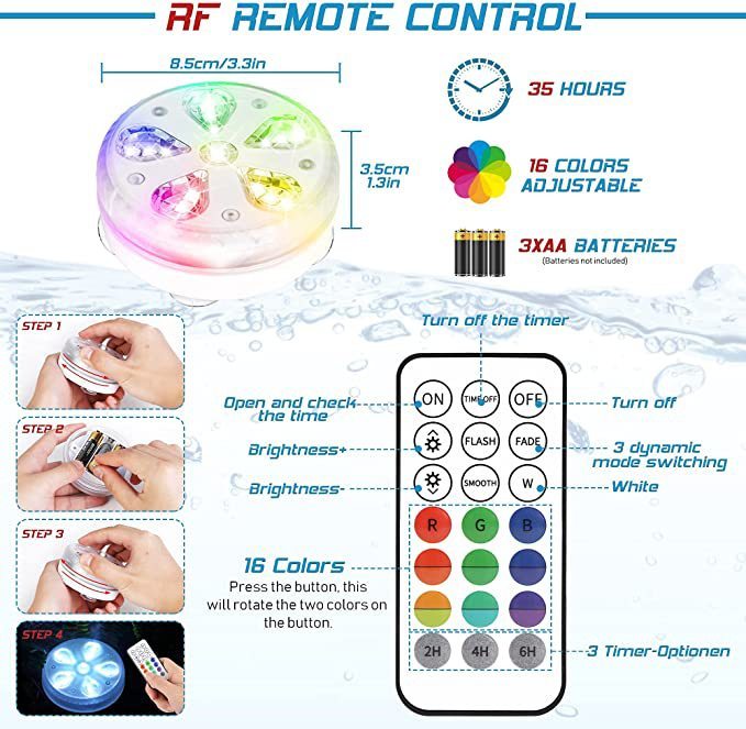 LED Swimming Pool Light RGB Underwater Light Waterproof Remote Control Diving Light Suction Cup Magnet Fish Tank Underwater Light