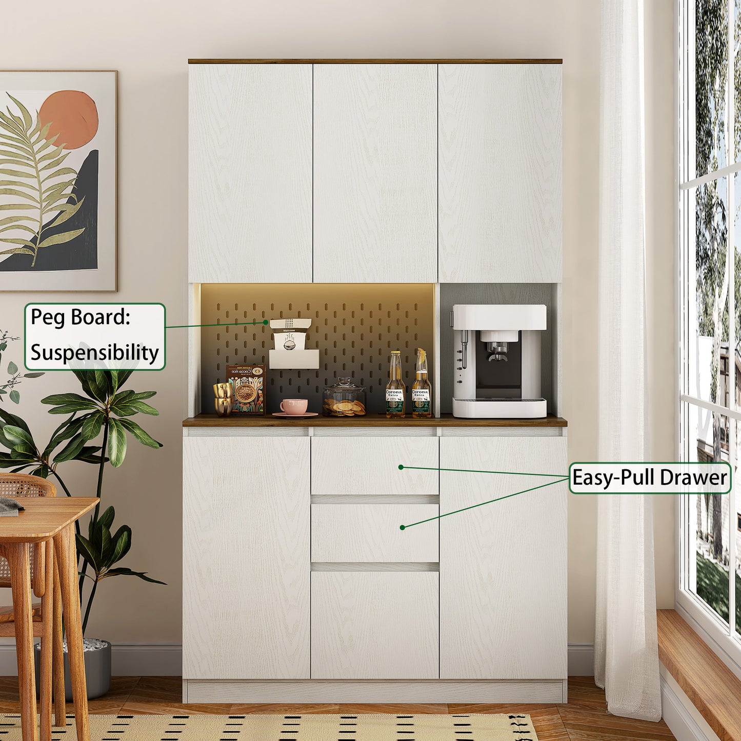 Kitchen Pantry Cabinet With Charging Station,Freestanding Buffet Cupboards Sideboard With Drawer,with LED Lights,Modern Pantry Cabinet With Microwave Stand For Kitchen,Living Room,Dinning Room
