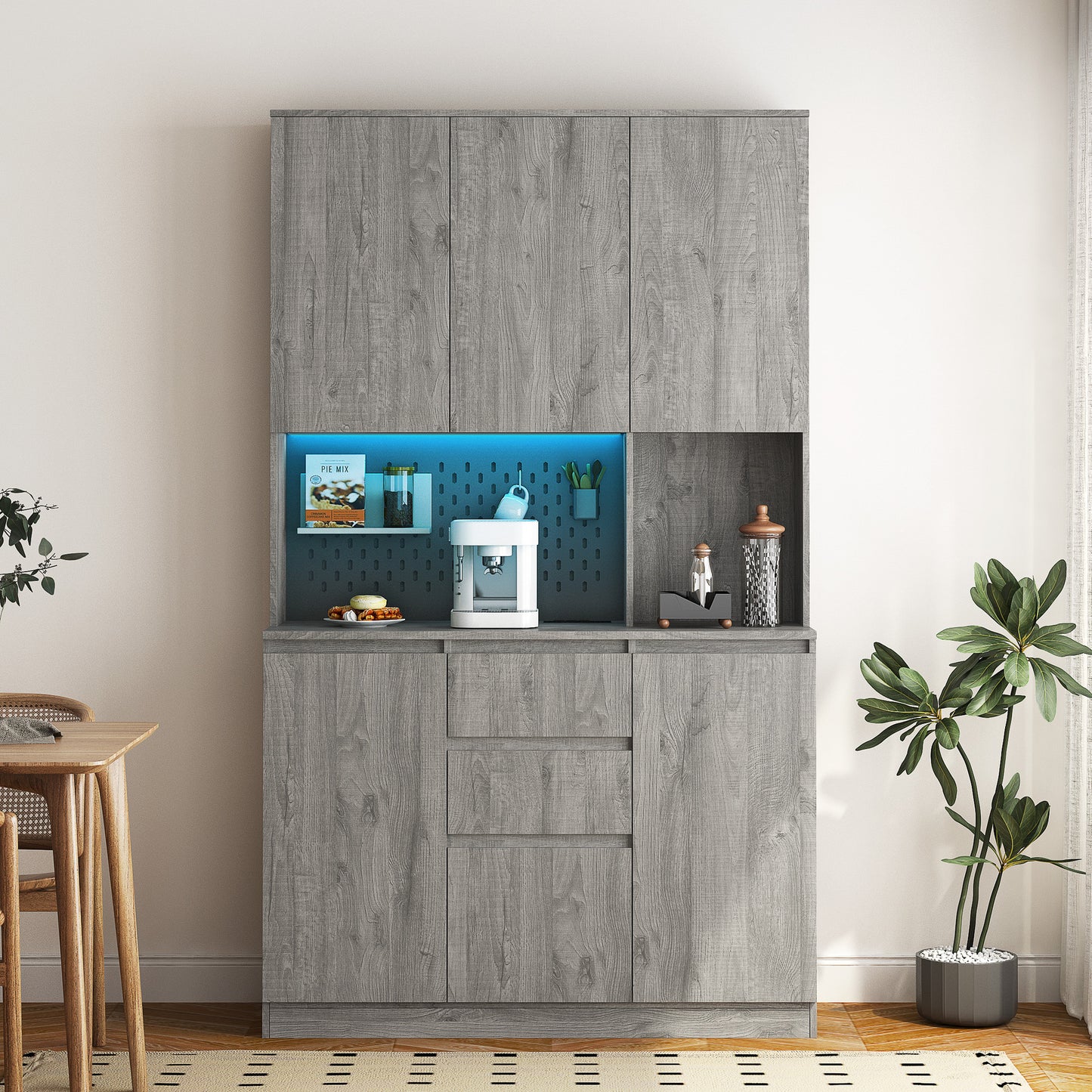 Kitchen Pantry Cabinet With Charging Station,Freestanding Buffet Cupboards Sideboard With Drawer,with LED Lights,Modern Pantry Cabinet With Microwave Stand For Kitchen,Living Room,Dinning Room