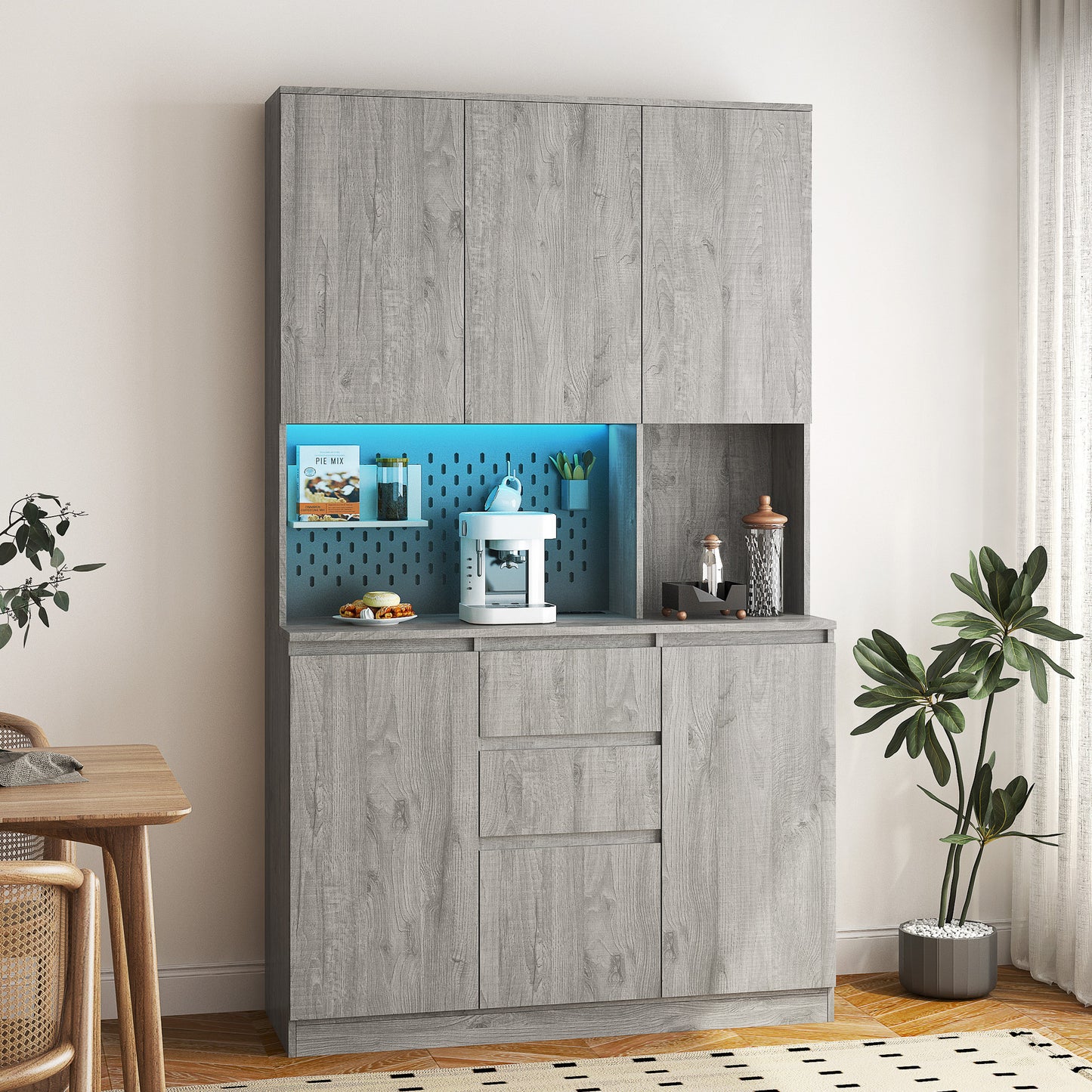 Kitchen Pantry Cabinet With Charging Station,Freestanding Buffet Cupboards Sideboard With Drawer,with LED Lights,Modern Pantry Cabinet With Microwave Stand For Kitchen,Living Room,Dinning Room
