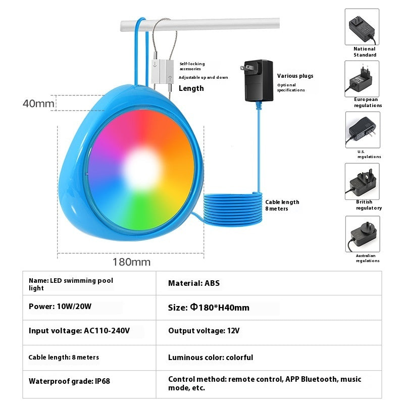 Hanging Swimming Pool Light Waterproof IP68 Colorful Bluetooth Underwater Light