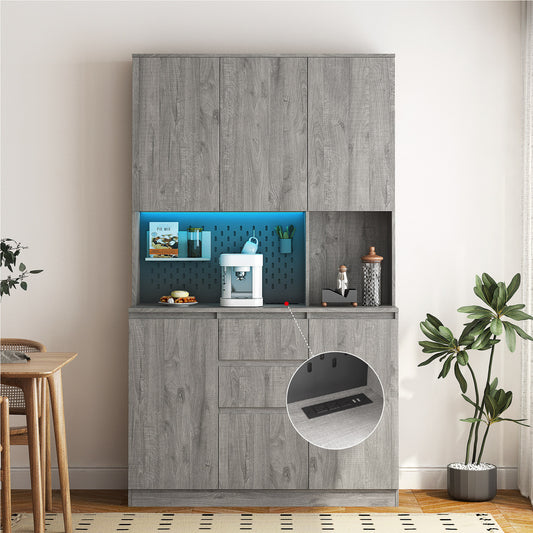 Kitchen Pantry Cabinet With Charging Station,Freestanding Buffet Cupboards Sideboard With Drawer,with LED Lights,Modern Pantry Cabinet With Microwave Stand For Kitchen,Living Room,Dinning Room