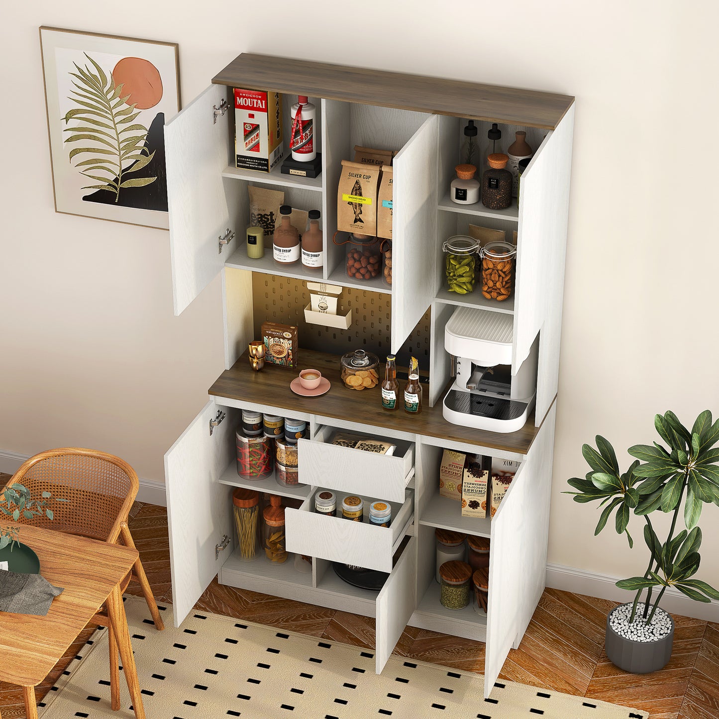 Kitchen Pantry Cabinet With Charging Station,Freestanding Buffet Cupboards Sideboard With Drawer,with LED Lights,Modern Pantry Cabinet With Microwave Stand For Kitchen,Living Room,Dinning Room