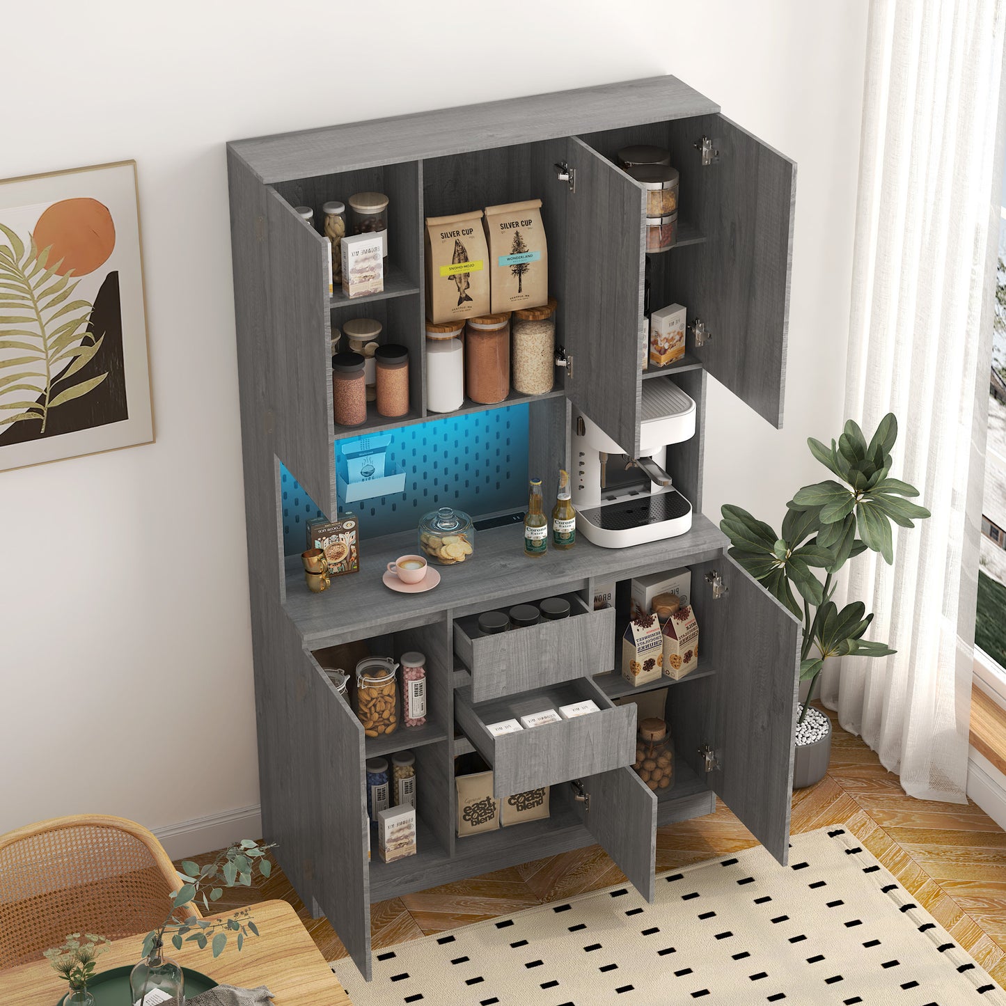 Kitchen Pantry Cabinet With Charging Station,Freestanding Buffet Cupboards Sideboard With Drawer,with LED Lights,Modern Pantry Cabinet With Microwave Stand For Kitchen,Living Room,Dinning Room