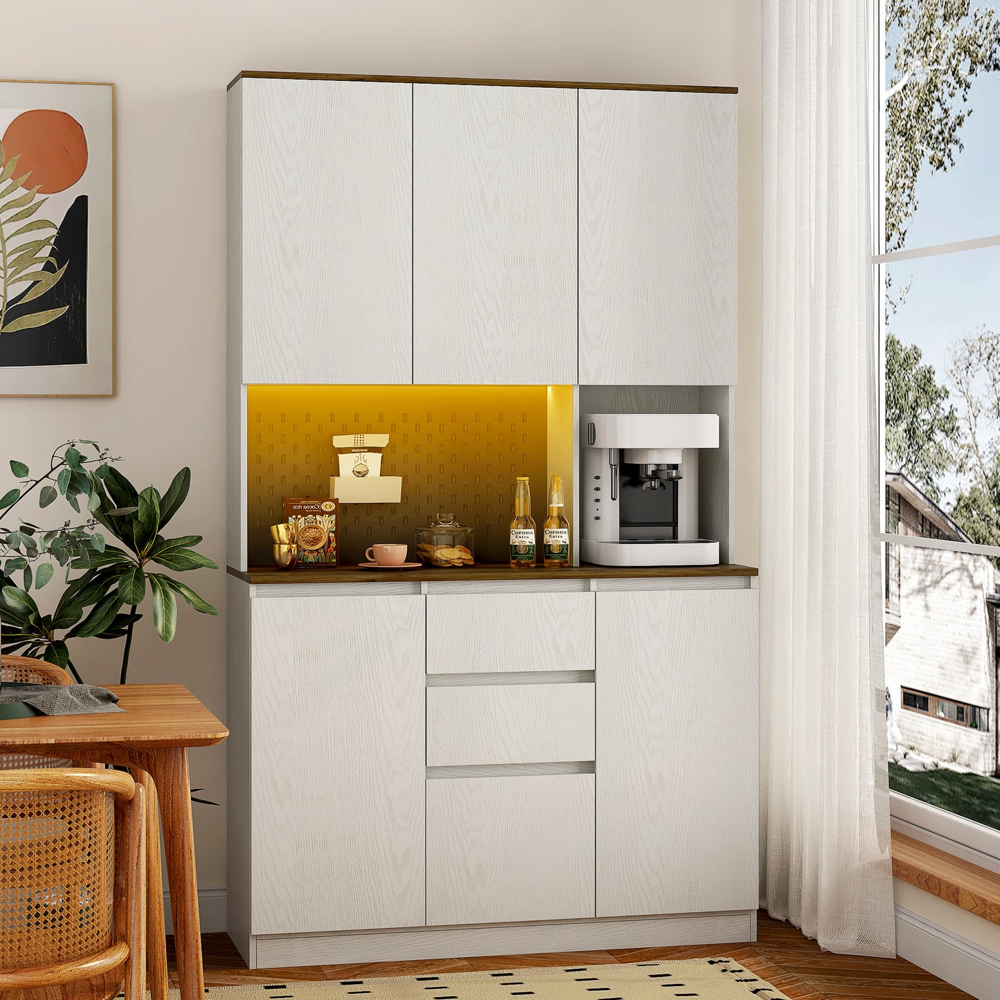 Kitchen Pantry Cabinet With Charging Station,Freestanding Buffet Cupboards Sideboard With Drawer,with LED Lights,Modern Pantry Cabinet With Microwave Stand For Kitchen,Living Room,Dinning Room