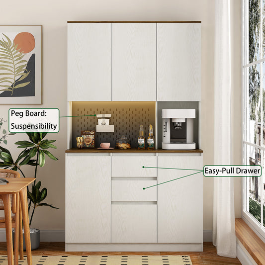 Kitchen Pantry Cabinet With Charging Station,Freestanding Buffet Cupboards Sideboard With Drawer,with LED Lights,Modern Pantry Cabinet With Microwave Stand For Kitchen,Living Room,Dinning Room